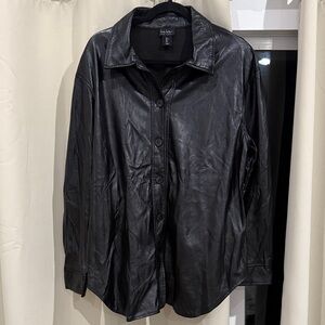 Nicole Miller Black Faux Leather Button-Up Shirt Size L Preloved